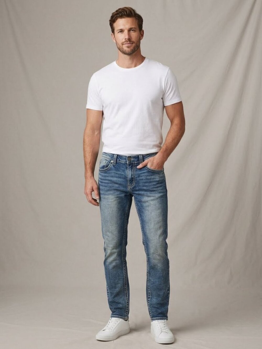 • Stitches & Rivets Men Blue Washed Denim Straight Leg Jeans Size 36